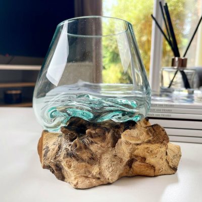 12cm Molten Glass Bowl With Teak Root Stand | Darthome Accessories Accessories Accessories