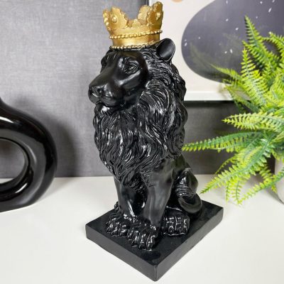 Black Royal Lion With Gold Crown Statue | Darthome Ornaments Animals Black