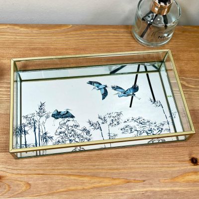 Blue Oriental Heron Glass Mirrored Tray | Darthome Accessories Accessories Accessories