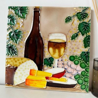 Cheese And Wine Ceramic Tile Wall Art 8×8" | Darthome Wall Hangings Decor Brown