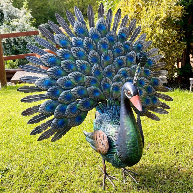 Fan Tailed Peacock Garden Ornament | Darthome Garden Decor Garden Blue & Green