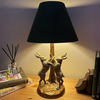 Gold Marching Hares Lamp With Green Velvet Shade | Darthome Lighting Bedside Lamps Darthome