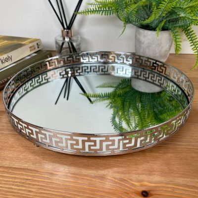 Greek Key Silver Round Mirrored Tray 31x31cm | Darthome Accessories Accessories Accessories