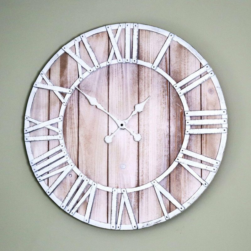 Industrial White Metal And Wood Wall Clock | Darthome Clocks Clocks Brown