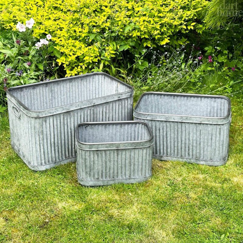 Set Of 3 Galvanised Rectangle Tub Planters | Darthome Garden Decor Garden Darthome