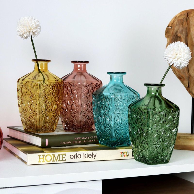 Set Of 4 Embossed Flower Coloured Bottles | Darthome Accessories Accessories Accessories