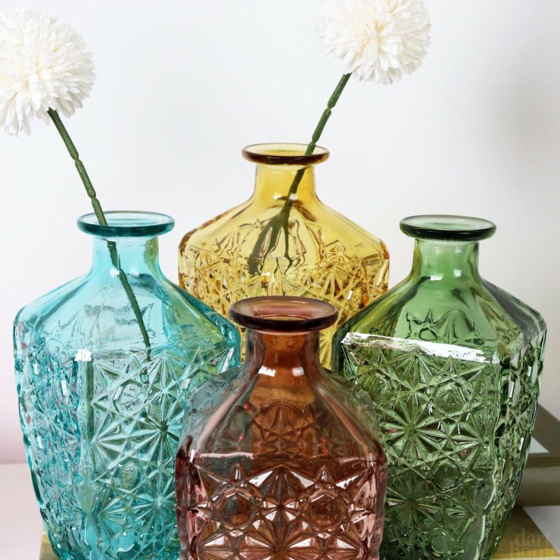 Set Of 4 Embossed Flower Coloured Bottles | Darthome Accessories Accessories Accessories