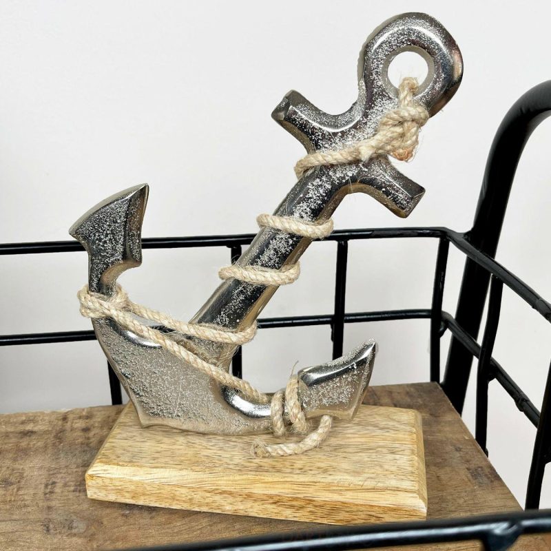 Silver Metal Anchor Ornament On Wooden Stand | Darthome Ornaments Decor Darthome